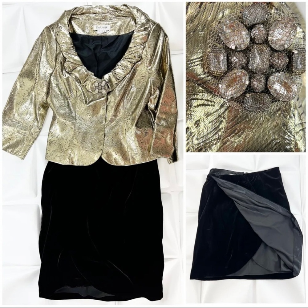 Kay Unger Sz 8 Metallic Gold Silk Formal Jacket & Black Velvet Skirt Suit Set